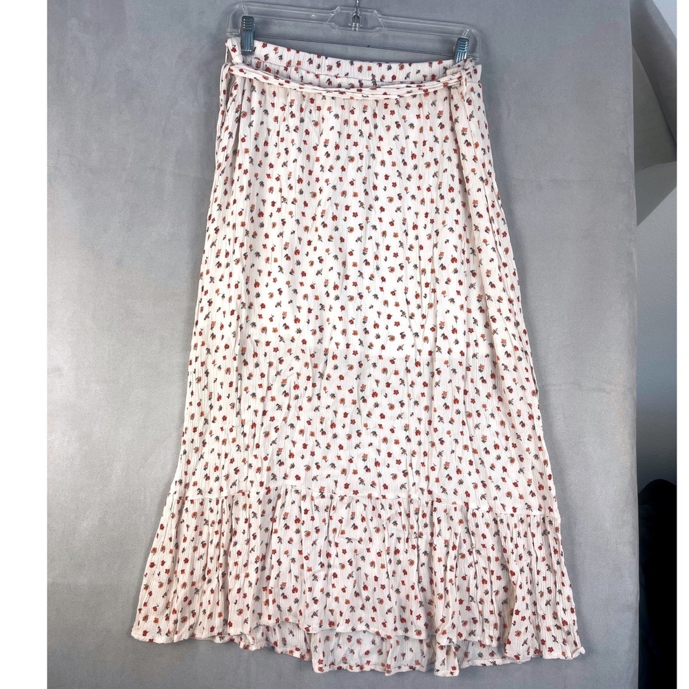 Crescent Floral Midi Skirt Cream Red Ruffle Hem Elastic Waist Large Cottagecore